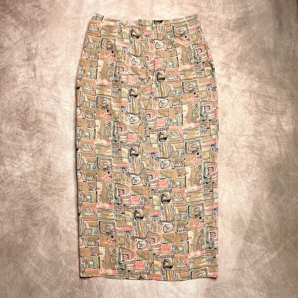 Vintage 90s Jacqueline Ferrar Geometric Print Faux Wrap Silk Maxi Skirt Boho - Picture 2 of 7